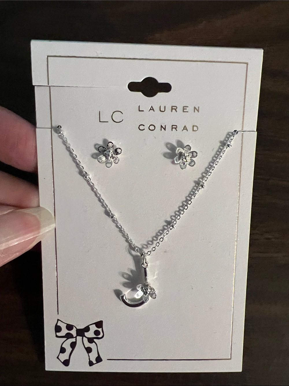 LC Lauren Conrad Silver Flower & Initial J Necklace with Floral Studs